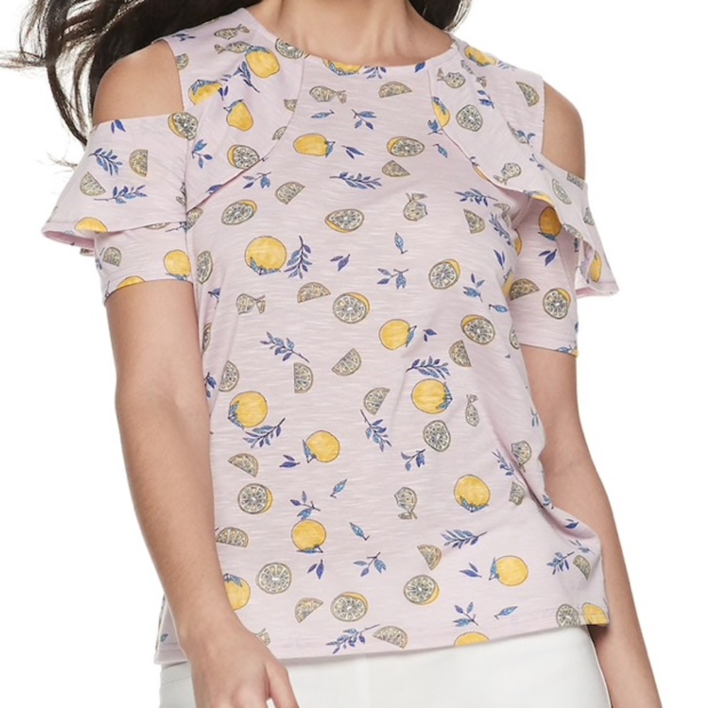 Juicy Couture Crew Neck Ruffle Open Shoulder Top
